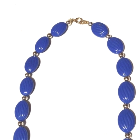 VINTAGE 60s SILVER-TONE BLUE LINED OVAL FLAT STONED SHELLED 24" NECKLACE - Picture 6 of 9